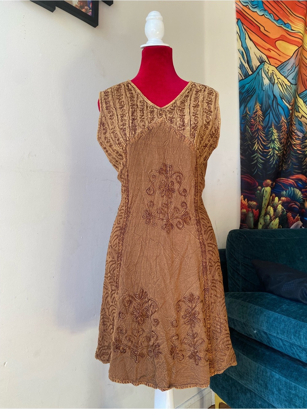 Vintage Sleeveless Brown Embroidered Mini Dress